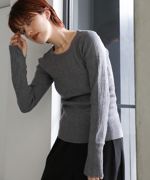 セール】≪もちもち肌触り≫ニュアンスリブクルーネックトップス（T