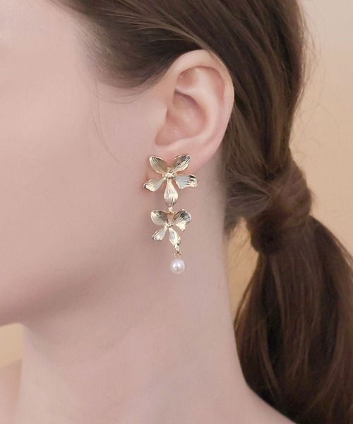 セール】2連 フラワー パールドロップピアス（ピアス（両耳用