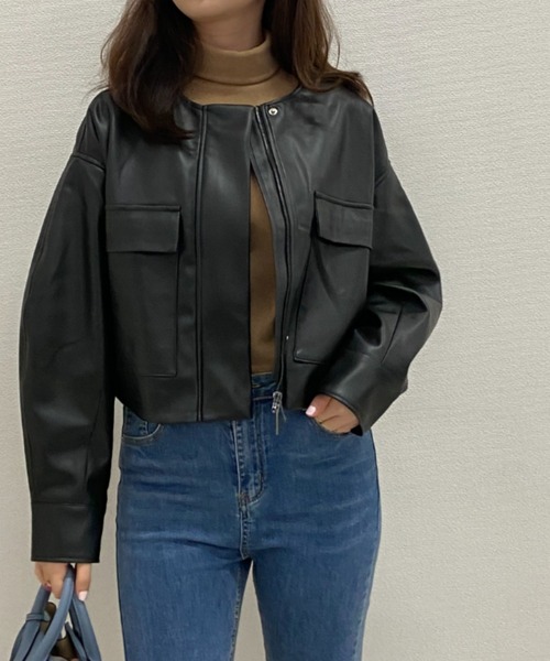 SAISON DE PAPILLON(セゾンドパピヨン)の「合成皮革ノーカラーブルゾン(ライダースジャケット・レディース・ブラック・S/M)」の12枚目の写真
