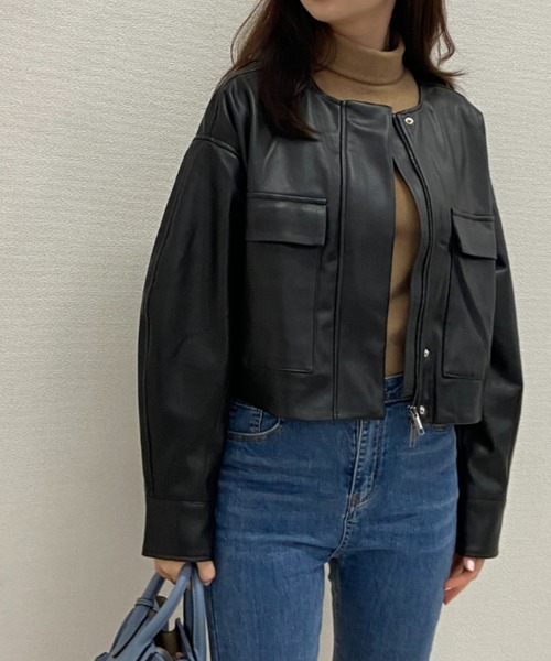SAISON DE PAPILLON(セゾンドパピヨン)の「合成皮革ノーカラーブルゾン(ライダースジャケット・レディース・ブラック・S/M)」の13枚目の写真