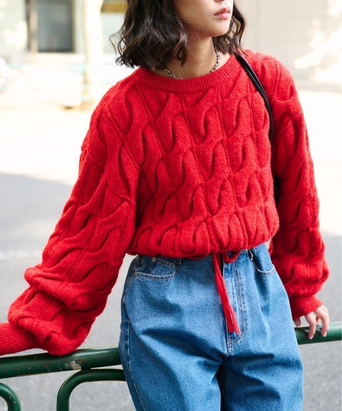 FREE'S MART（フリーズマート）の「◆ウール混ツイストショート丈ドロストニット（ニット/セーター・レディース・レッド/ブラウン/グレー/ホワイト系その他・FREE）」の4枚目の写真