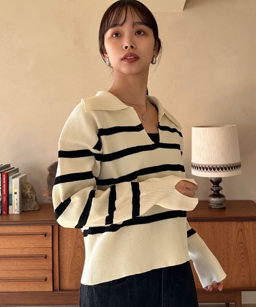 Doux archives（ドゥアルシーヴ）の「襟付き短丈ニット（ニット/セーター・レディース・レッド系その他/ネイビー×ホワイト/ホワイト×ブラック・FREE）」の3枚目の写真