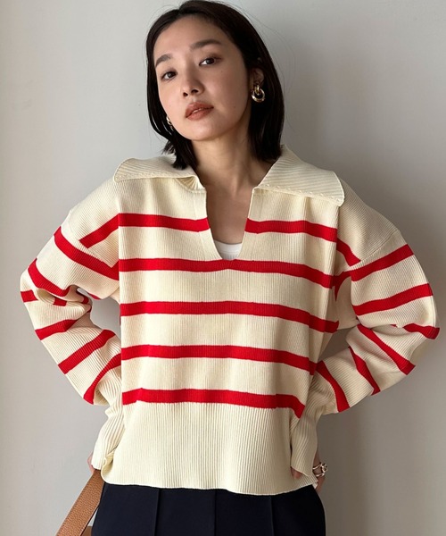 Doux archives（ドゥアルシーヴ）の「襟付き短丈ニット（ニット/セーター・レディース・レッド系その他/ネイビー×ホワイト/ホワイト×ブラック・FREE）」の2枚目の写真