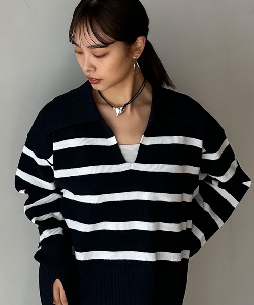 Doux archives（ドゥアルシーヴ）の「襟付き短丈ニット（ニット/セーター・レディース・レッド系その他/ネイビー×ホワイト/ホワイト×ブラック・FREE）」の13枚目の写真