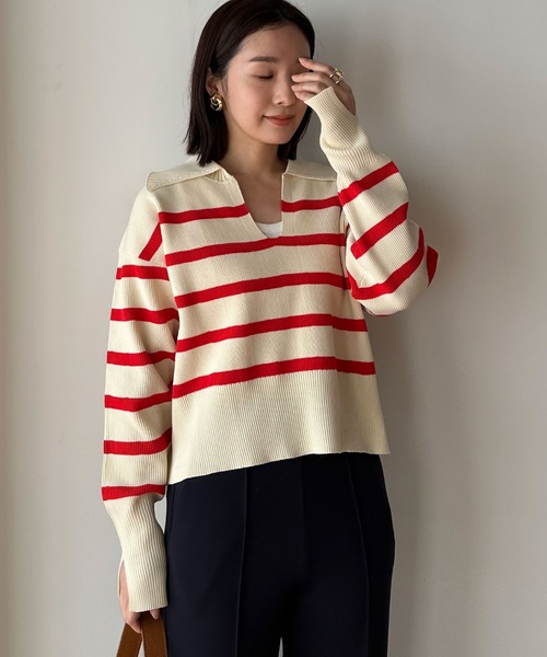 Doux archives（ドゥアルシーヴ）の「襟付き短丈ニット（ニット/セーター・レディース・レッド系その他/ネイビー×ホワイト/ホワイト×ブラック・FREE）」の17枚目の写真