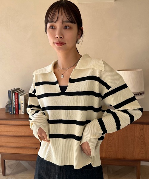 Doux archives（ドゥアルシーヴ）の「襟付き短丈ニット（ニット/セーター・レディース・レッド系その他/ネイビー×ホワイト/ホワイト×ブラック・FREE）」の7枚目の写真