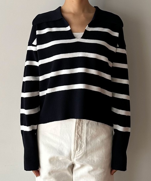 Doux archives（ドゥアルシーヴ）の「襟付き短丈ニット（ニット/セーター・レディース・レッド系その他/ネイビー×ホワイト/ホワイト×ブラック・FREE）」の21枚目の写真