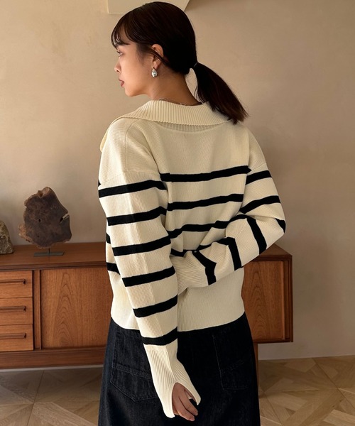 Doux archives（ドゥアルシーヴ）の「襟付き短丈ニット（ニット/セーター・レディース・レッド系その他/ネイビー×ホワイト/ホワイト×ブラック・FREE）」の9枚目の写真