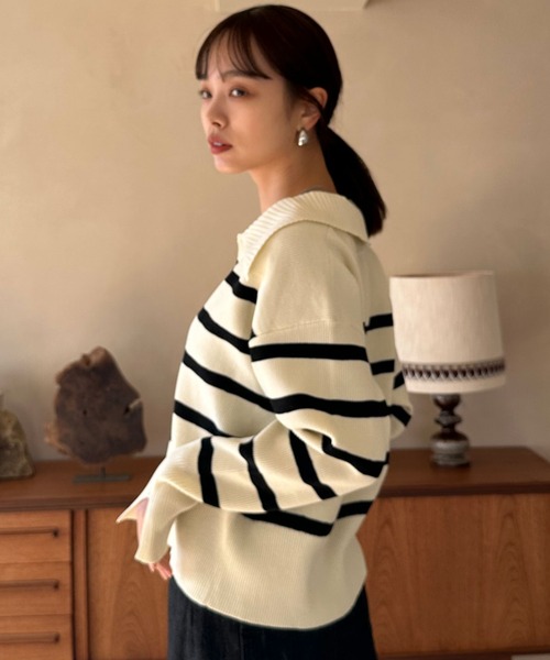 Doux archives（ドゥアルシーヴ）の「襟付き短丈ニット（ニット/セーター・レディース・レッド系その他/ネイビー×ホワイト/ホワイト×ブラック・FREE）」の8枚目の写真