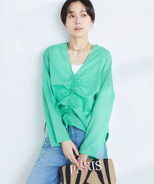 Rie Miller(リエミラー)の「シャーリング2WAYブラウス(シャツ/ブラウス・レディース・グリーン/ブラック/ホワイト・38)」の3枚目の写真