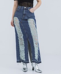 【JOHN LAWRENCE SULLIVAN/ジョンローレンスサリバン】WASHED DENIM RIPPED LONG SKIRT/ウォッシュデニムリップドロングスカート