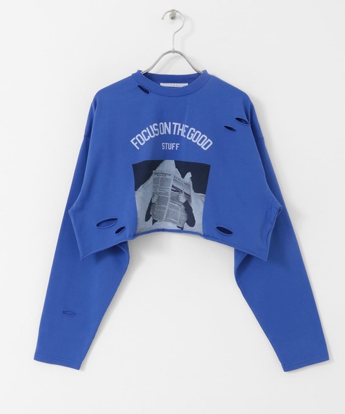 KBF（ケイビーエフ）の「リメイクライククロップドTEE（Tシャツ/カットソー・レディース・チャコールグレー/ブルー/オフホワイト・ONE）」の6枚目の写真