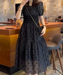 パフスリーブドットオーガンジーワンピース