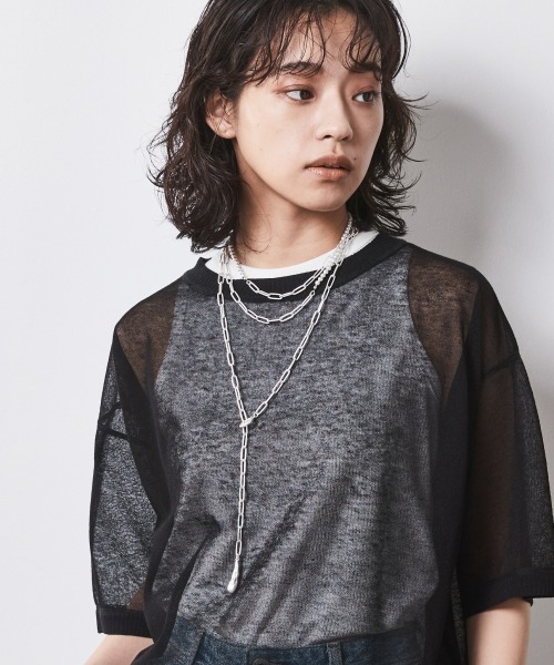 CHIC STYLE（シックスタイル）の「＜大きいサイズ＞シアーニットトップス シックスタイル（ニット/セーター・レディース・ブラック/オフホワイト・L/LL/3L/4L/5L）」の4枚目の写真