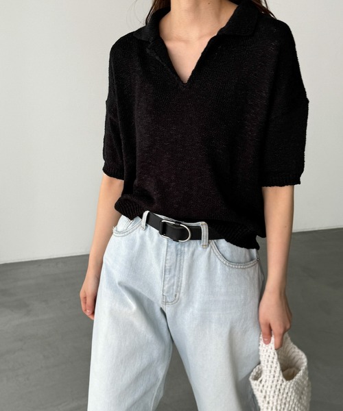 CANAL JEAN(キャナルジーン)の「El mar 半袖サマーポロニット(ニット/セーター・レディース・ブラック/ベージュ・ONE SIZE)」の1枚目の写真
