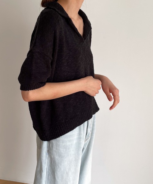 CANAL JEAN(キャナルジーン)の「El mar 半袖サマーポロニット(ニット/セーター・レディース・ブラック/ベージュ・ONE SIZE)」の6枚目の写真