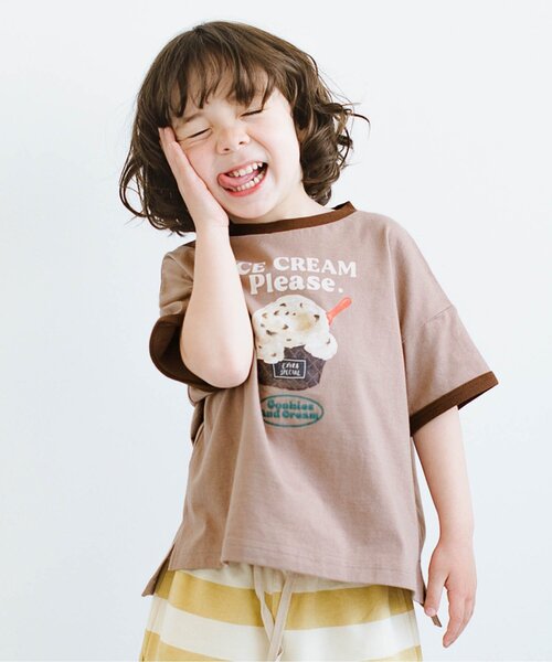 p.premier（ピードットプルミエ）の「【ジュニア対応】アイスちょーだいグラフィックリンガー半袖Tシャツ（Tシャツ/カットソー・キッズ・オフホワイト/ブラウン/ピンク・120/80/110/100/90/140/130）」の3枚目の写真