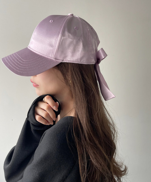 バックリボンサテンオーバーフィットベースボールキャップ