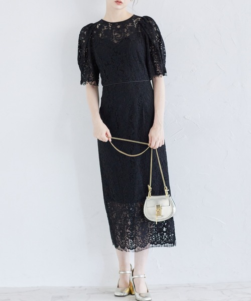 【セール】後ろリボン付きパフスリーブレースタイトワンピース（ワンピース）｜tocco closet（トッコ クローゼット）