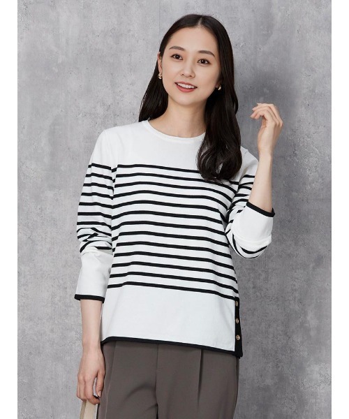 Perfect Suit FActory(パーフェクトスーツファクトリー)の「【洗える】オータムマリン 配色ボーダーニット オフホワイト/ブラック/ブラウン(ニット/セーター・レディース・ブラック/オフホワイト/ブラウン・S/M/L)」の2枚目の写真