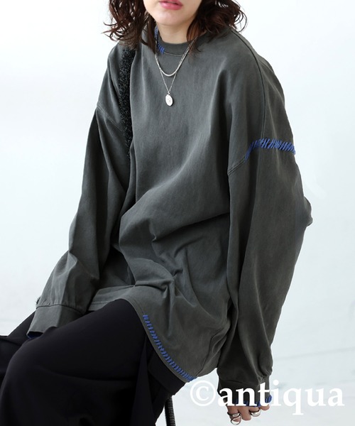 antiqua(アンティカ)の「ハンドステッチデザインロンT(Tシャツ/カットソー・レディース・スミクロ/ブルー/アイボリー・R/P)」の3枚目の写真