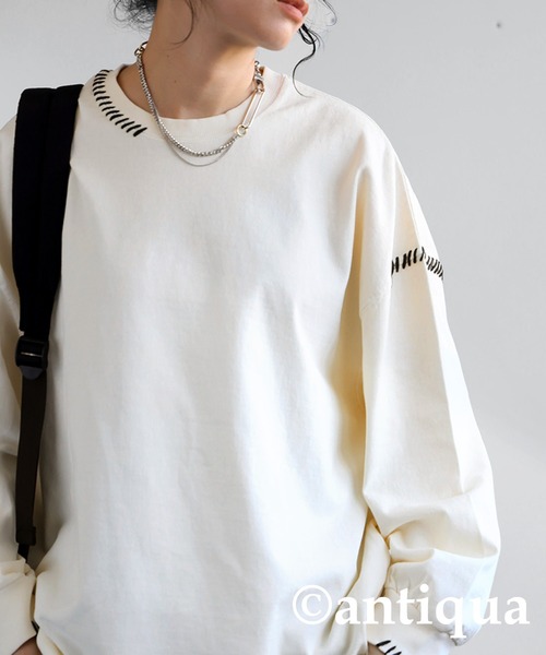 antiqua(アンティカ)の「ハンドステッチデザインロンT(Tシャツ/カットソー・レディース・スミクロ/ブルー/アイボリー・R/P)」の5枚目の写真