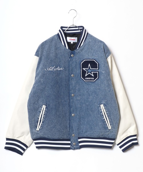 【セール】2024AW CONVERSE/コンバース フェイクメルトン デニム 袖フェイクレザー 刺繍 スタジャン レディース メンズ ブルゾン（スタジャン）｜CONVERSE（コンバース）