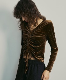 Front Gathered Rhinestone Velour Tops / フロントギャザーラインストーンベロアトップス【uyu./ウユ】
