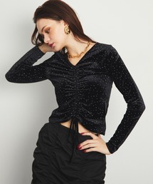 Front Gathered Rhinestone Velour Tops / フロントギャザーラインストーンベロアトップス【uyu./ウユ】