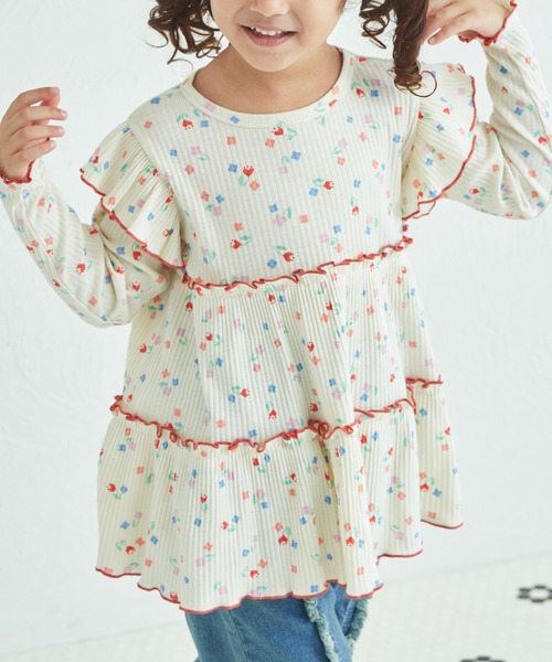 pairmanon（ペアマノン）の「配色メロー ティアード 袖フリルチュニック（チュニック・キッズ・ブラック系その他/グリーン系その他/レッド系その他/ホワイト系その他・90/120/150/100/110/130/140）」の5枚目の写真