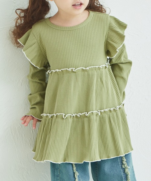 pairmanon（ペアマノン）の「配色メロー ティアード 袖フリルチュニック（チュニック・キッズ・ブラック系その他/グリーン系その他/レッド系その他/ホワイト系その他・90/120/150/100/110/130/140）」の9枚目の写真