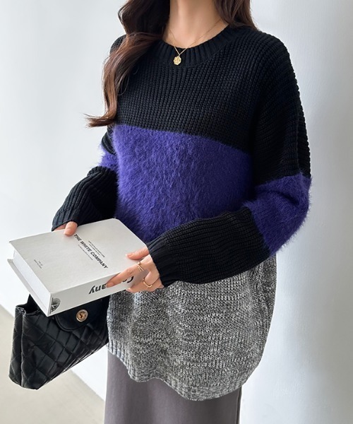 【セール】シャギーニット 異素材 ドッキングトップス オーバーサイズ（ニット/セーター）｜COCOMOMO（ココモモ）