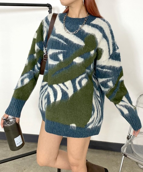 non-hedge（ノンヘッジ）の「配色柄ビッグニットチュニック（ニット/セーター・レディース・ブラウン/グリーン/ブラック・FREE）」の3枚目の写真