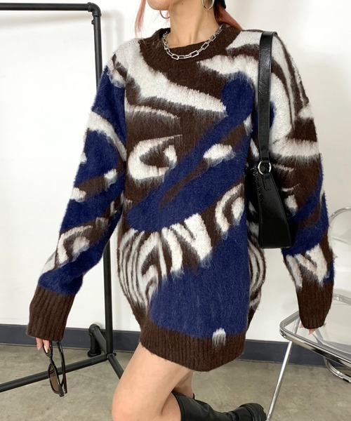 non-hedge（ノンヘッジ）の「配色柄ビッグニットチュニック（ニット/セーター・レディース・ブラウン/グリーン/ブラック・FREE）」の6枚目の写真