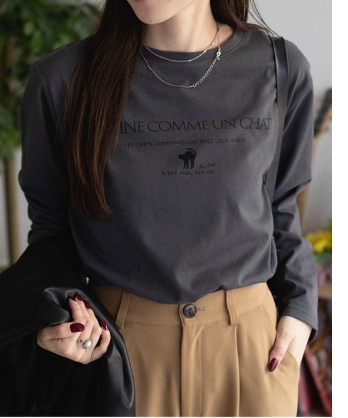 NAVY(ネイビー)の「【nAvy】ネコプリント長袖Tシャツ ロンT(Tシャツ/カットソー・レディース・ホワイト/ベージュ/グレー・M/L)」の2枚目の写真