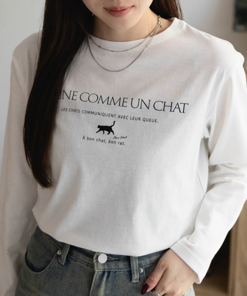 NAVY(ネイビー)の「【nAvy】ネコプリント長袖Tシャツ ロンT(Tシャツ/カットソー・レディース・ホワイト/ベージュ/グレー・M/L)」の1枚目の写真