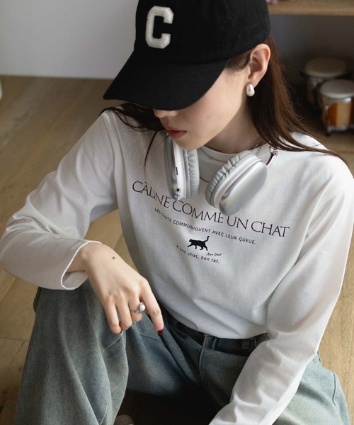 NAVY(ネイビー)の「【nAvy】ネコプリント長袖Tシャツ ロンT(Tシャツ/カットソー・レディース・ホワイト/ベージュ/グレー・M/L)」の5枚目の写真