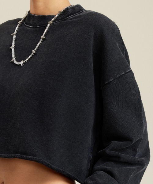 Chick（チック）の「Vintage Wash Damage Cutt Off Short Crew / ウォッシュ加工風 ダメージ ショート丈カットオフスウェット（スウェット・レディース・チャコール/グレー/ブラック・FREE）」の21枚目の写真