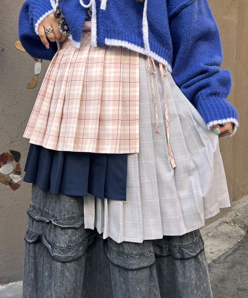 Me＋Me/ミープラスミー】 アシンメトリーチェック柄プリーツ巻き