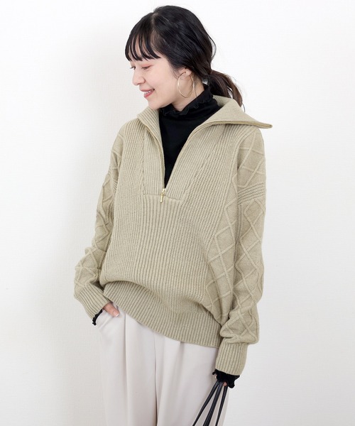Aletta vita(アレッタビータ)の「アラン柄ハーフジップニットプルオーバー(ニット/セーター・レディース・ブラック/ネイビー/ベージュ・FREE)」の2枚目の写真