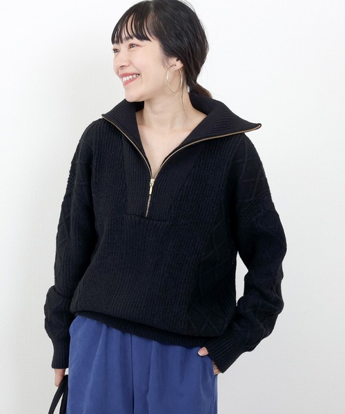 Aletta vita(アレッタビータ)の「アラン柄ハーフジップニットプルオーバー(ニット/セーター・レディース・ブラック/ネイビー/ベージュ・FREE)」の1枚目の写真