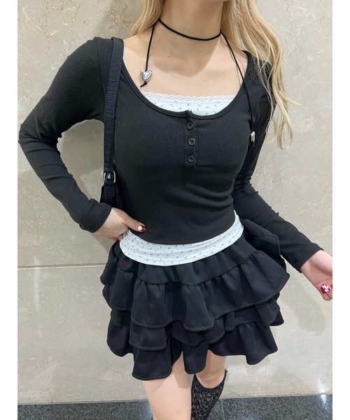 PHILLY（フィリー）の「【PHILLY】花柄レイヤードトップス（Tシャツ/カットソー・レディース・アイボリー/ブラック/グレー・FREE）」の12枚目の写真