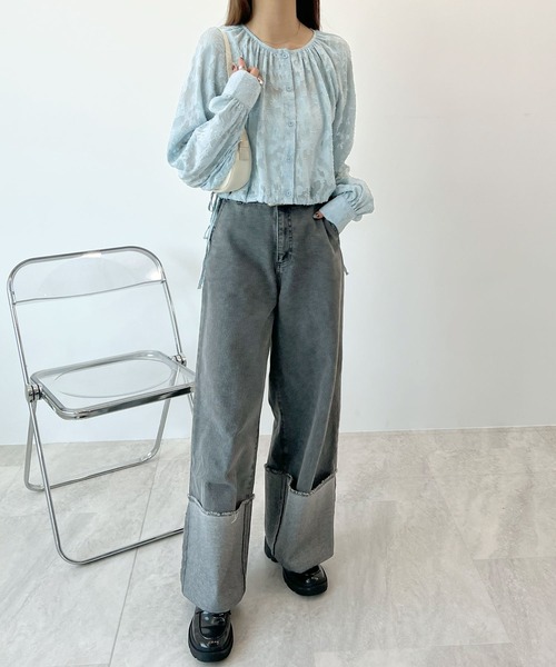 Futier land(フューティアランド)の「前後2Way花柄シフォンブラウス(シャツ/ブラウス・レディース・アイボリー/ブラック/グレー/ブルー・SHORT/LONG)」の20枚目の写真