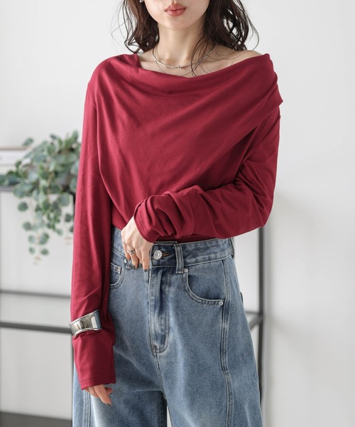 SUGAR BISKET(シュガービスケット)の「ドレープデザインロングTシャツ(Tシャツ/カットソー・レディース・ホワイト/グレー/ブラック/レッド・フリー)」の4枚目の写真