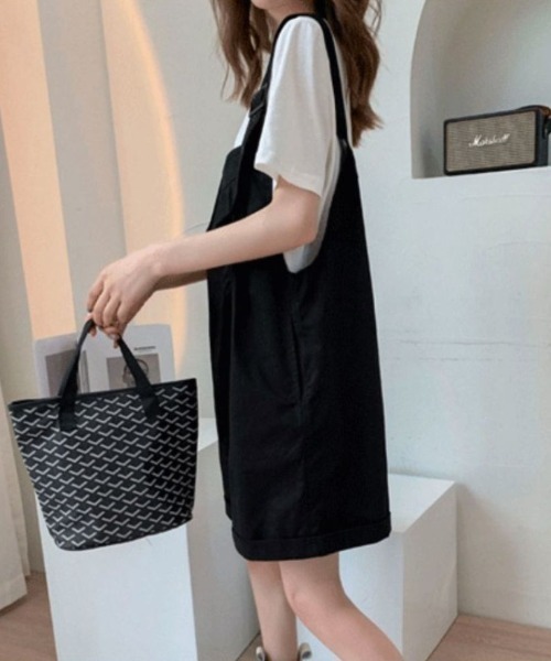 maison de LATIR（メゾンドラティール）の「ベルト調整可ショートサロペット×Tシャツ　2点セットアップ（セットアップ・レディース・ブラック/ベージュ/グリーン・M/L/XL）」の11枚目の写真