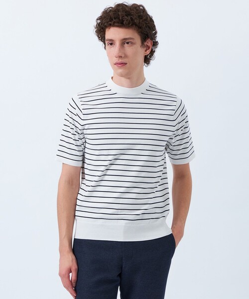 MACKINTOSH PHILOSOPHY（ﾏｯｷﾝﾄｯｼｭ ﾌｨﾛｿﾌｨｰ）の「TEXBRIDプレーティング 半袖セミモックネックプルオーバーニット（Tシャツ/カットソー・メンズ・ダークネイビー/ホワイト系その他/ホワイト/ブルー系その他7・38/40）」の2枚目の写真