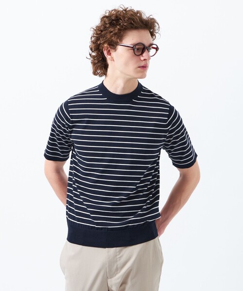 MACKINTOSH PHILOSOPHY（ﾏｯｷﾝﾄｯｼｭ ﾌｨﾛｿﾌｨｰ）の「TEXBRIDプレーティング 半袖セミモックネックプルオーバーニット（Tシャツ/カットソー・メンズ・ダークネイビー/ホワイト系その他/ホワイト/ブルー系その他7・38/40）」の4枚目の写真