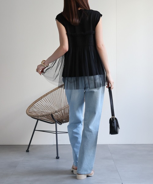 極美品★エストネーション 24SS チュールドッキングノースリーブニット カーキ クルーネック配色ボーダーノースリーブニットsdpxyf6077 カーキ