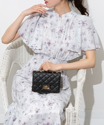水彩花プリント フレア袖 ピンタック ロングフレアワンピース