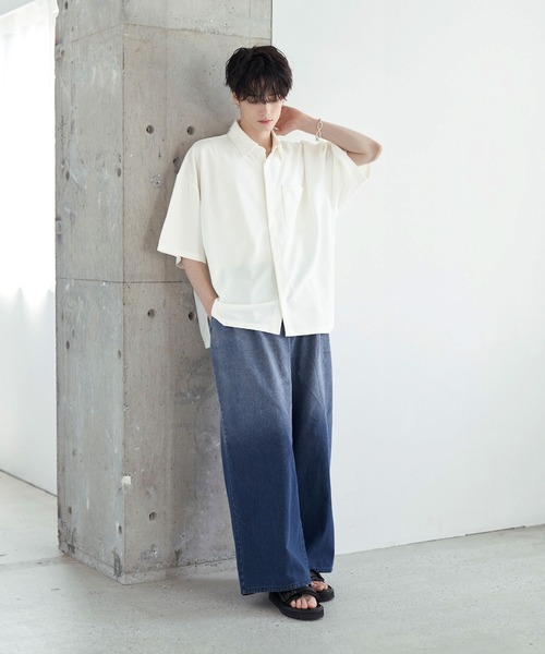 【未使用】【2枚まとめて】半袖シャツ  ネイビー　紺　Ｌ　比翼ボタン　比翼仕立て　フロント・フライ　front fly　清潔感 レギュラーカラー　カジュアルシャツ SITRY（シトリー） シャツ Polyester twill Fly front shirt/別注
